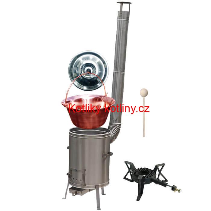 Měděný kotlík 14 L (1,2 mm) + nerezová kotlina 36 cm + litinový hořák 7 kW, vařečka LUX
