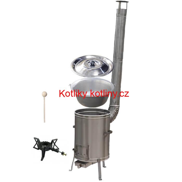 Nerezový kotlík 15 L (1,5 mm) + nerezová kotlina 36 cm + litinový hořák 7 kW, vařečka LUX