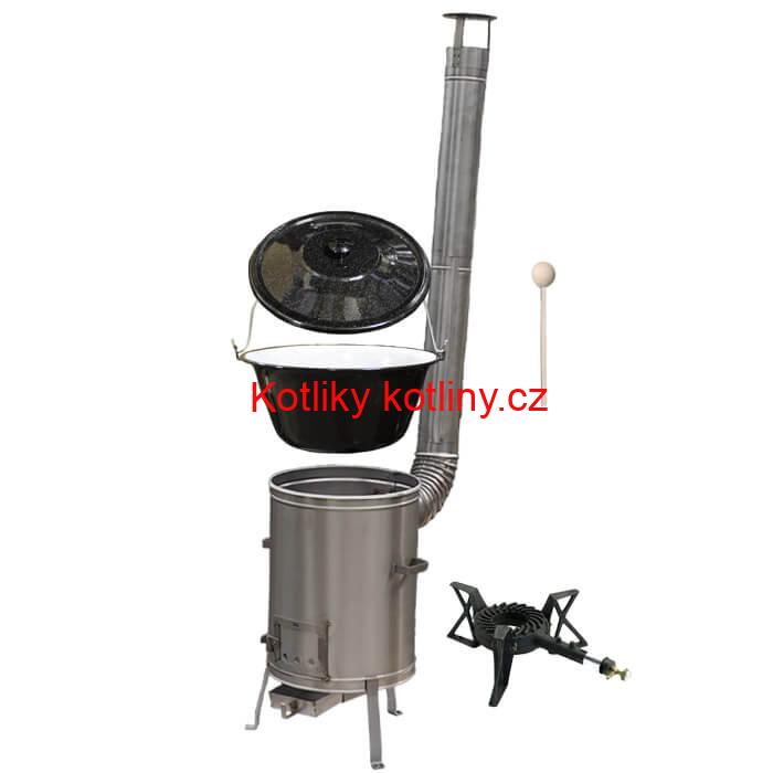 Smaltovaný kotlík 20 L (1,2 mm) + nerezová kotlina 42 cm + litinový hořák 7 kW, vařečka LUX