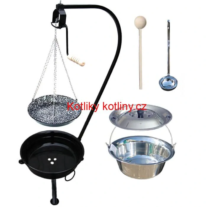 Nerezový kotlík 20 L (0,8 mm) INOX + smaltovaná pánev + ohniště se stojanem as pojistnou kladkou VAR