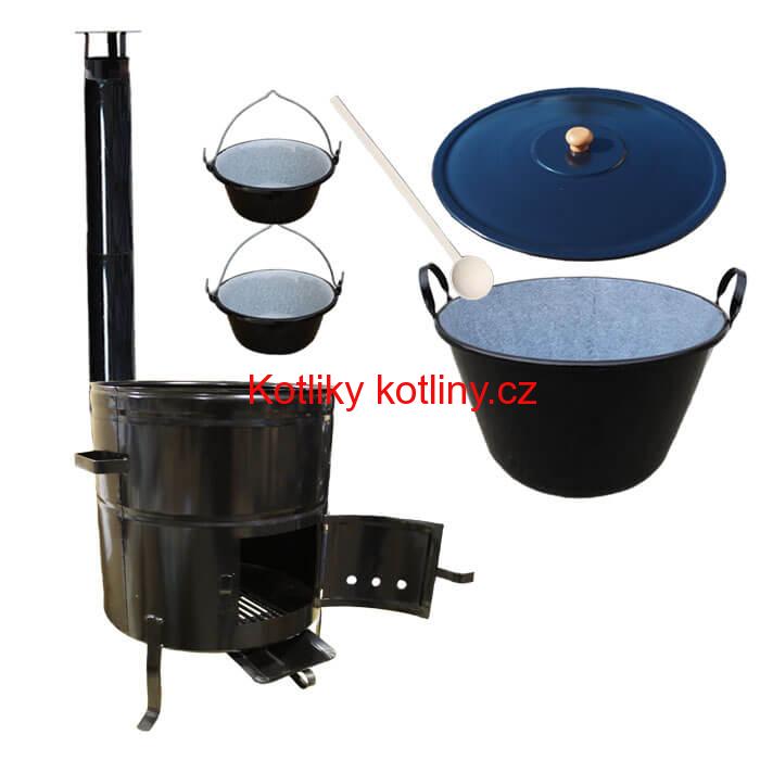 Zabijačkový smaltovaný kotel 50 L + kovová kotlina 50 cm + 2 servírovací kotlíky a kouřovod