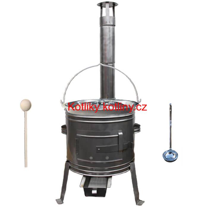 Železný kotlík 30 L (0,75 mm) + nerezová kotlina 45 cm + vařečka a naběračka TOPLUX
