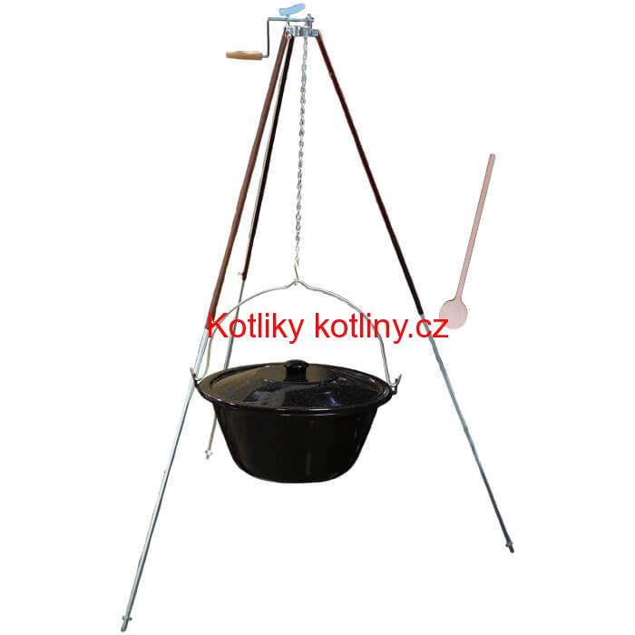 Smaltovaný kotlík 16 L (1,2 mm) + teleskopická trojnožka s pojistnou kladkou + poklice