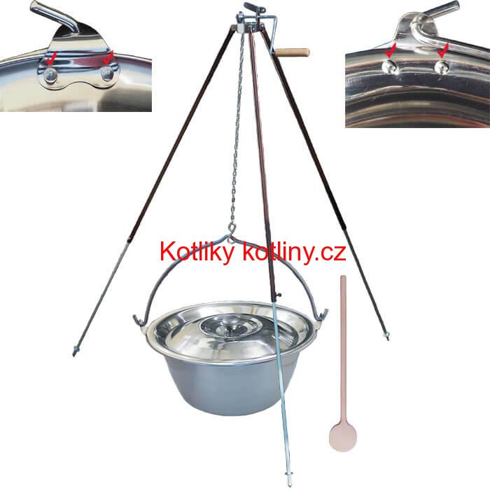 Nerezový kotlík 20 L (0,8 mm) s nýty + teleskopická trojnožka s pojistnou kladkou + poklice