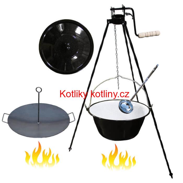 Smaltovaný kotlík 16 L (1,2 mm) + pánev na grilování a stojan s kladkou VAR