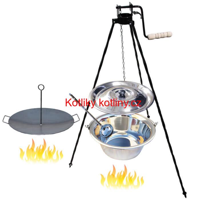 Nerezový kotlík 22 L (0,8 mm) + pánev na grilování a stojan s kladkou VAR