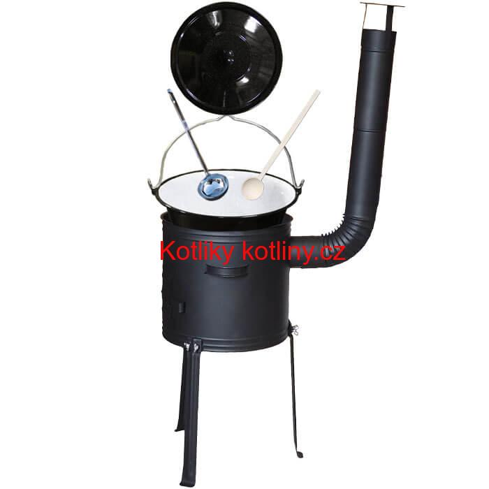 Smaltovaný kotlík 13 L (1,2 mm) + kovová kotlina s vysokými nožičkami 36 cm + vařečka a naběračka