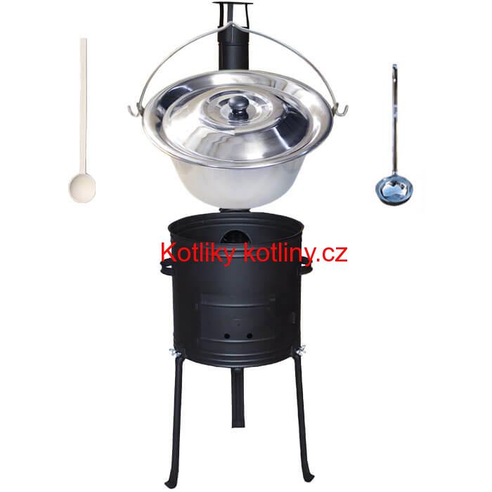 Nerezový kotlík 22 L (0,8 mm) + kovová kotlina s vysokými nožičkami 42 cm, žáruvzdorná barva Plus 700 + vařečka a naběračka