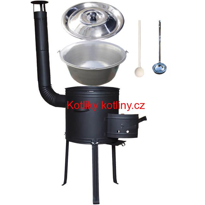 Nerezový kotlík 15 L (1,5 mm) + kovová kotlina s vysokými nožičkami 36 cm, žáruvzdorná barva Plus 700 + vařečka a naběračka