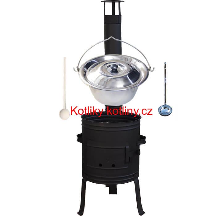 Nerezový kotlík 10 L (1,2 mm) + nízká žáruvzdorná kotlina 33 cm PLUS 700 + vařečka a naběračka