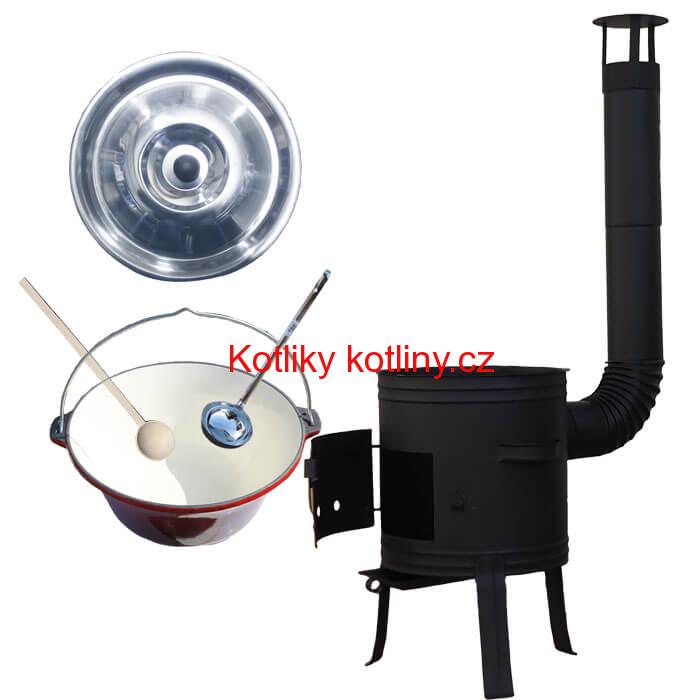 Litinový kotlík 10 L se smaltovanou úpravou + nízká žáruvzdorná kotlina 33 cm PLUS 700 + vařečka a naběračka