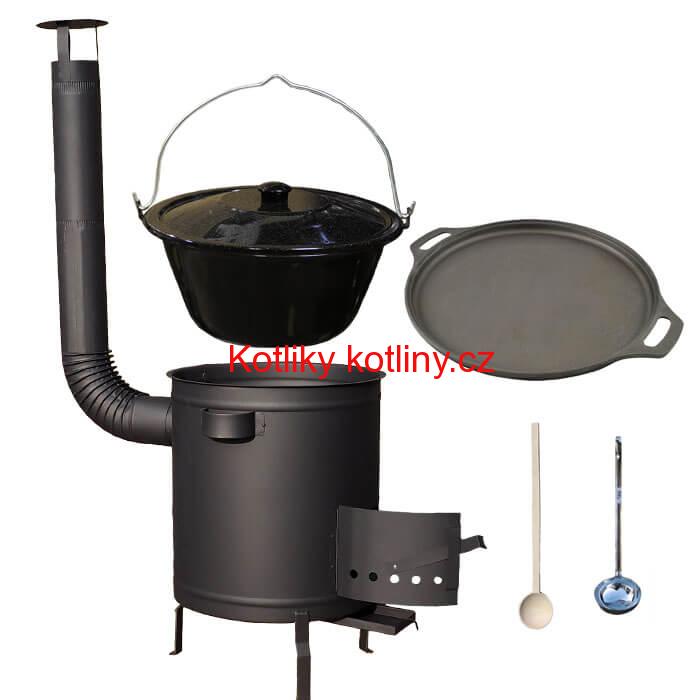 Smaltovaný kotlík 20 L (1,2 mm) + Litinová pánev 43 cm + silnostěnná (1,5 mm) a žáruvzdorná kotlina 42 PLUS 600