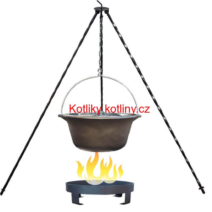 Litinový kotlík 7,2 L + nerezová poklice  + trojnožka 1,2 m + ohniště 36 cm