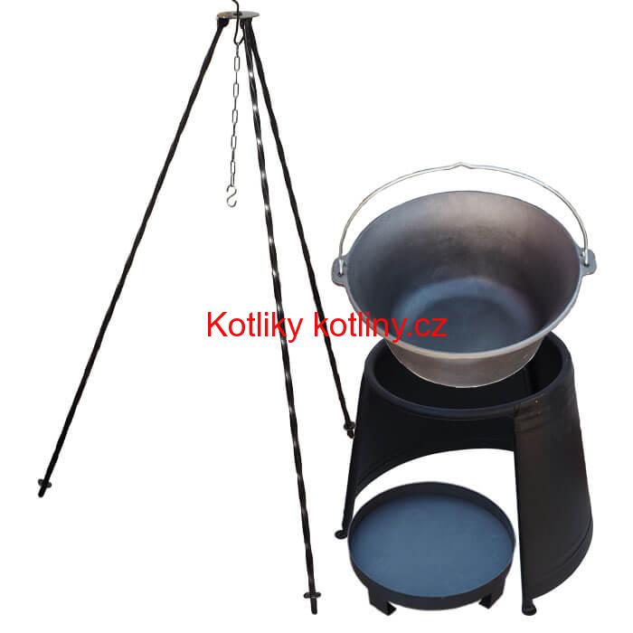 Litinový kotlík 7,2 L + chránič plamene 32 cm + ohniště 36 cm + trojnožka 1,2 m