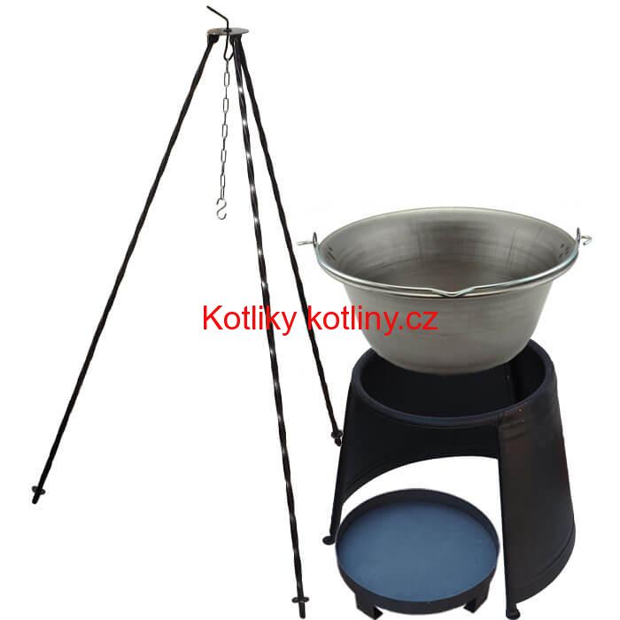 Železný kotlík 20 L (0,75 mm) + chránič plamene 43 cm + ohniště 36 cm + trojnožka 1,2 m