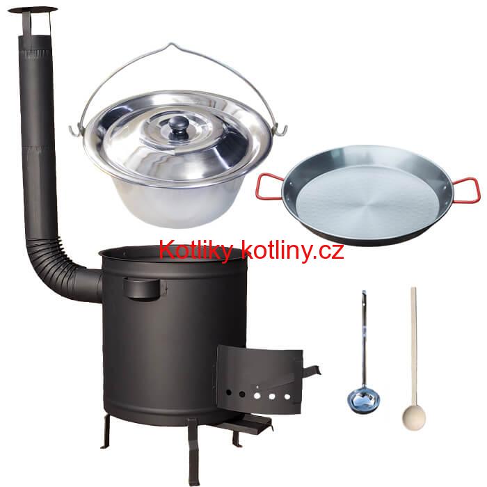 Nerezový kotlík 14 L (0,8 mm) + Paella pánev 38 cm + silnostěnná (1,5 mm) žáruvzdorná kotlina (1,5 mm) 36 PLUS 600