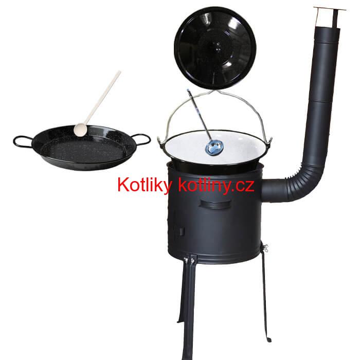Smaltovaný kotlík 20 L + Paella pánev 46 cm + kovová kotlina s vysokými nožičkami 42 cm, žáruvzdorná barva Plus 700