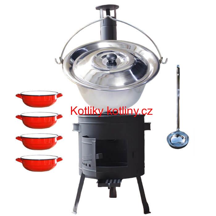 Nerezový kotlík 22 L (0,8 mm) INOX + selské misky 4 ks + nízká žáruvzdorná kotlina 42 cm PLUS 600