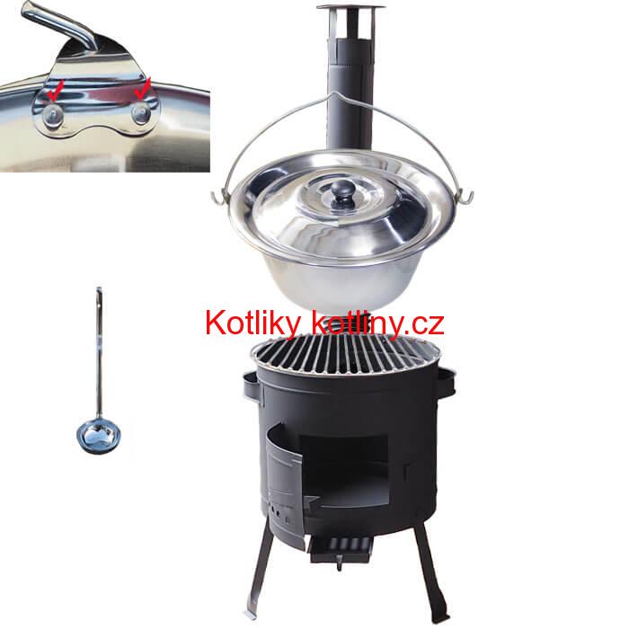 Nerezový kotlík 20 L (0,8 mm) s nýty INOX + Nerezový rošt 45 cm + nízká žáruvzdorná kotlina 42 cm PLUS 600