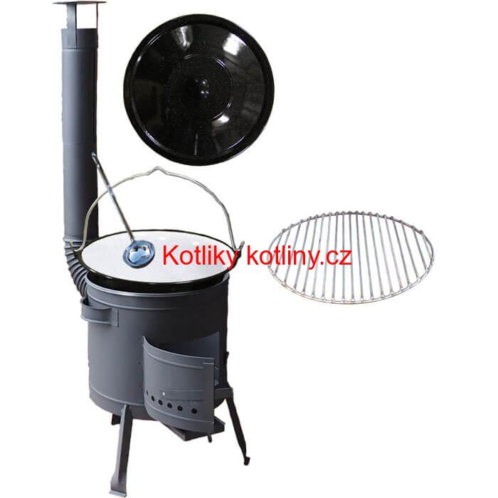 Smaltovaný kotlík 20 L + Nerezový rošt 45 cm + nízká žáruvzdorná kotlina 42 cm PLUS 600