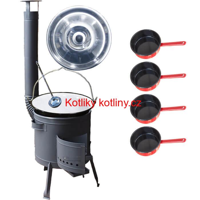 Smaltovaný kotlík 20 L + smaltovaný rendlík 4 ks + nízká žáruvzdorná kotlina 42 cm PLUS 600