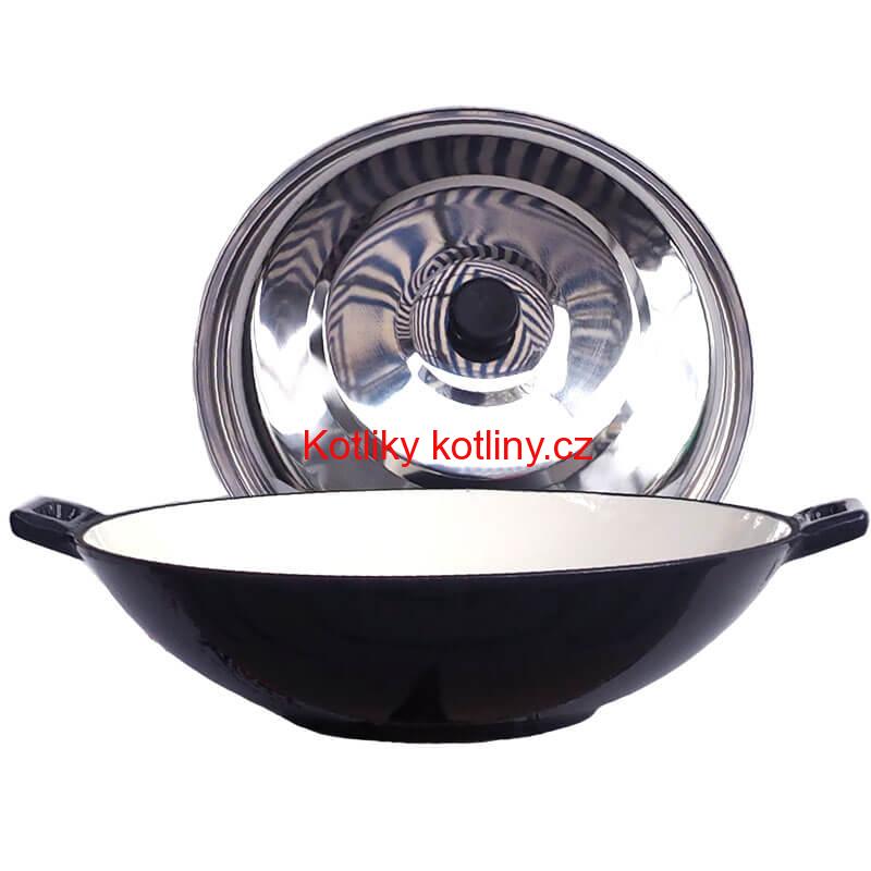 Litinový wok – smaltovaný povrch 37 cm + nerezová poklice
