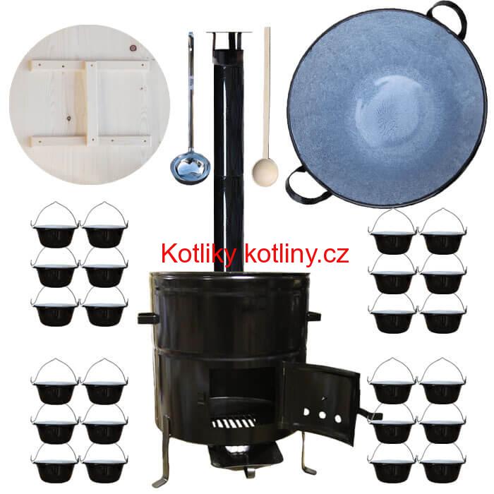 Smaltovaný kotel 100 L + servírovací kotlíky (24 ks) + vařečka a naběračka BIG PARTY