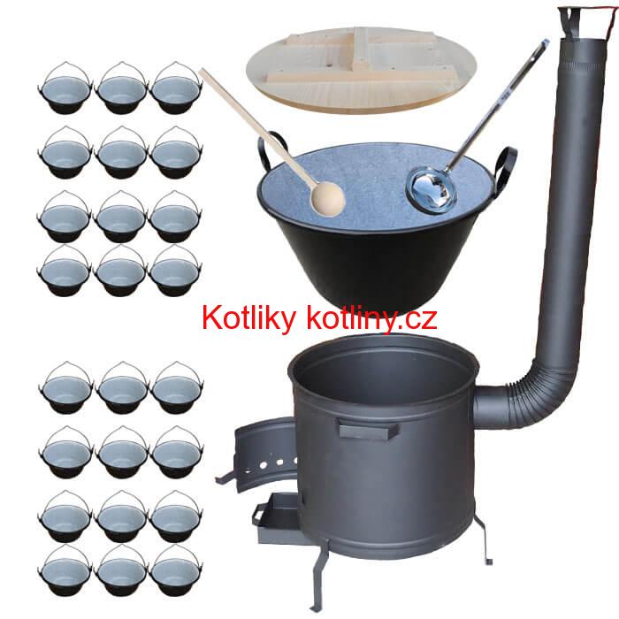 Smaltovaný kotel 100 L + servírovací kotlíky (24 ks) + vařečka a naběračka BIG PARTY PLUS 600