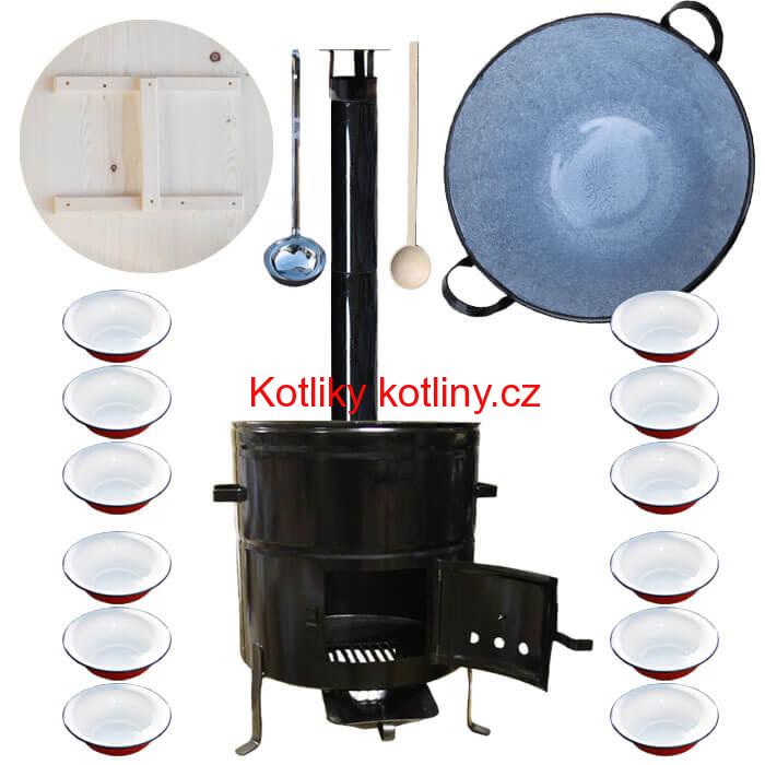 Smaltovaný kotel 100 L + smaltované talíře 12 ks vařečka a naběračka BIG PARTY