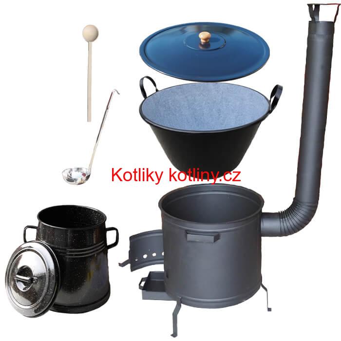 Smaltovaný kotel 80 L + žáruvzdorná kotlina 60 cm PLUS 600 + Nádoba na sádlo 10 L