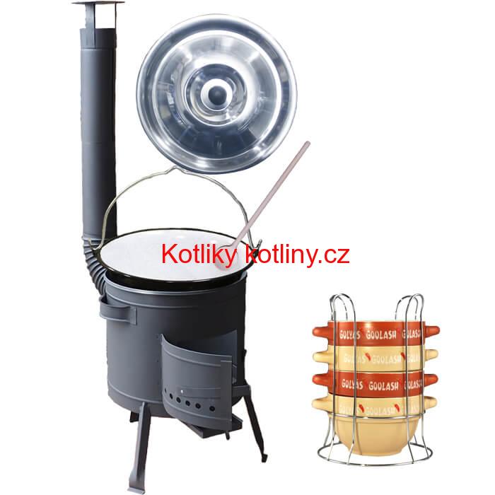 Smaltovaný kotlík 25 L (1,2 mm) + misky na guláš 4 ks + nízká žáruvzdorná kotlina 42 PLUS 600