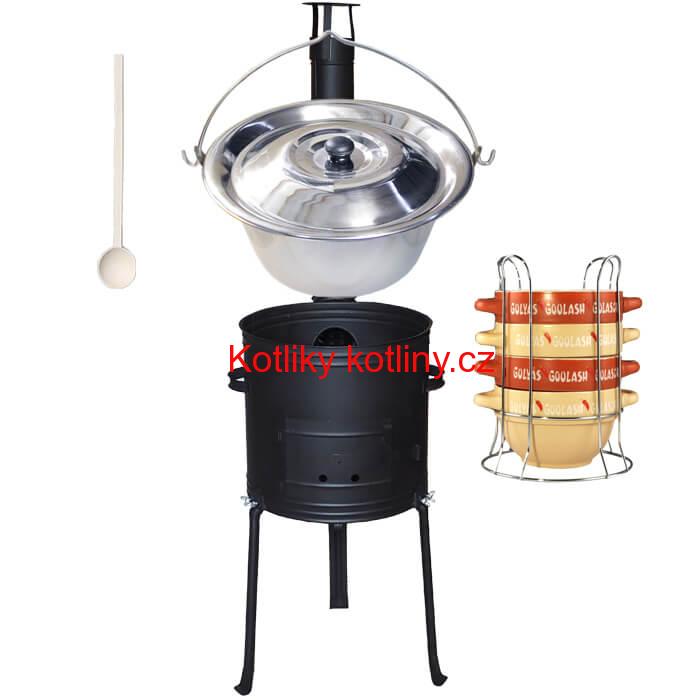 Nerezový kotlík 22 L (0,8 mm) INOX + misky na guláš 4 ks + nízká žáruvzdorná kotlina 42 PLUS 700