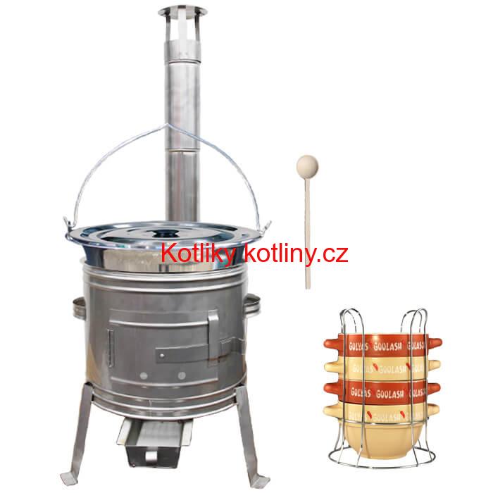 Nerezový kotlík 22 L (0,8 mm) INOX + misky na guláš 4 ks + nerezová kotlina 42 cm TOPLUX