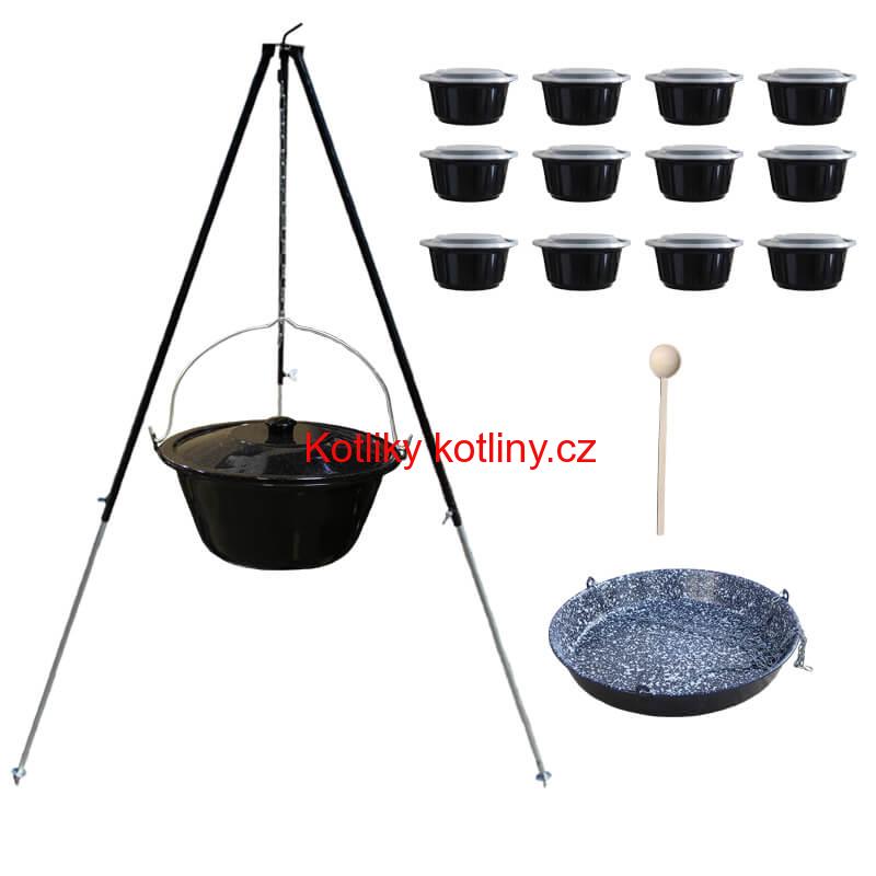 Smaltovaný kotlík 30 L + pánev na grilování + teleskopická trojnožka + misky 12 ks