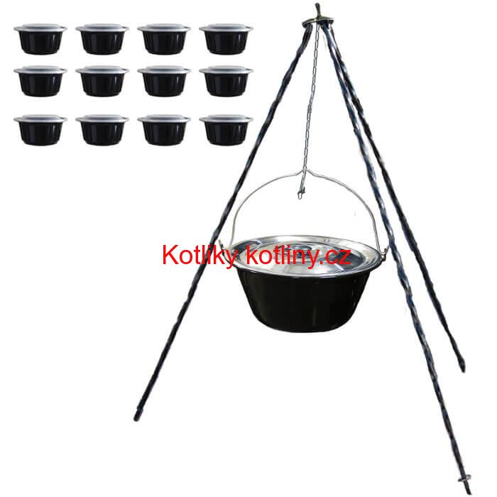 Smaltovaný kotlík 13 L (1,2 mm) + nerezová poklice + trojnožka 1,20 m + misky 12 ks
