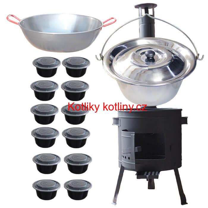 Nerezový kotlík 22 L (0,8 mm) INOX + Pánev PAELLA (WOK) 45 cm + misky 12 ks + nízká kotlina 42 PLUS 600