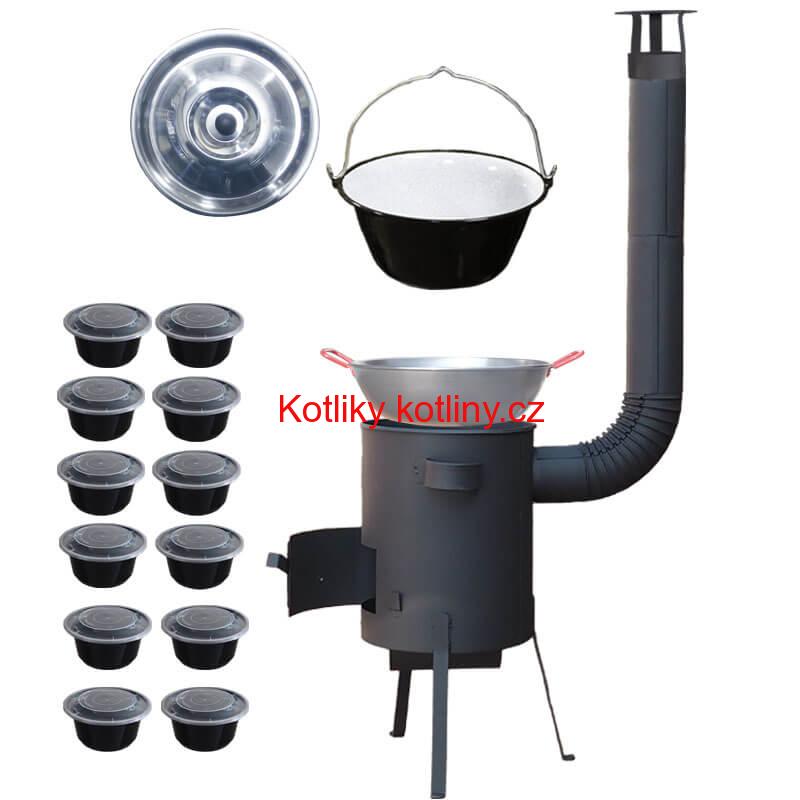 Smaltovaný kotlík 22 L + Pánev PAELLA (WOK) 45 cm + misky 12 ks + žáruvzdorná kotlina 42 PLUS 600 s roštem na popel 4 mm