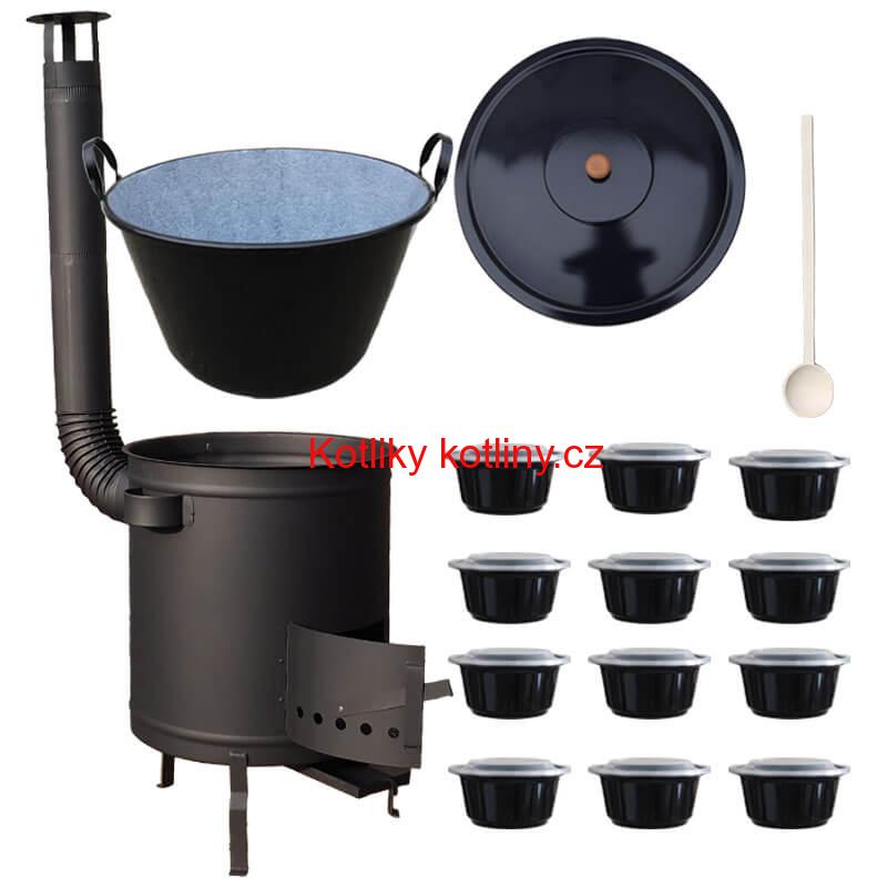 Smaltovaný kotel 70 L + silná kovová kotlina 53 cm (1,5 mm) STRONG PLUS 600 + misky 12 ks