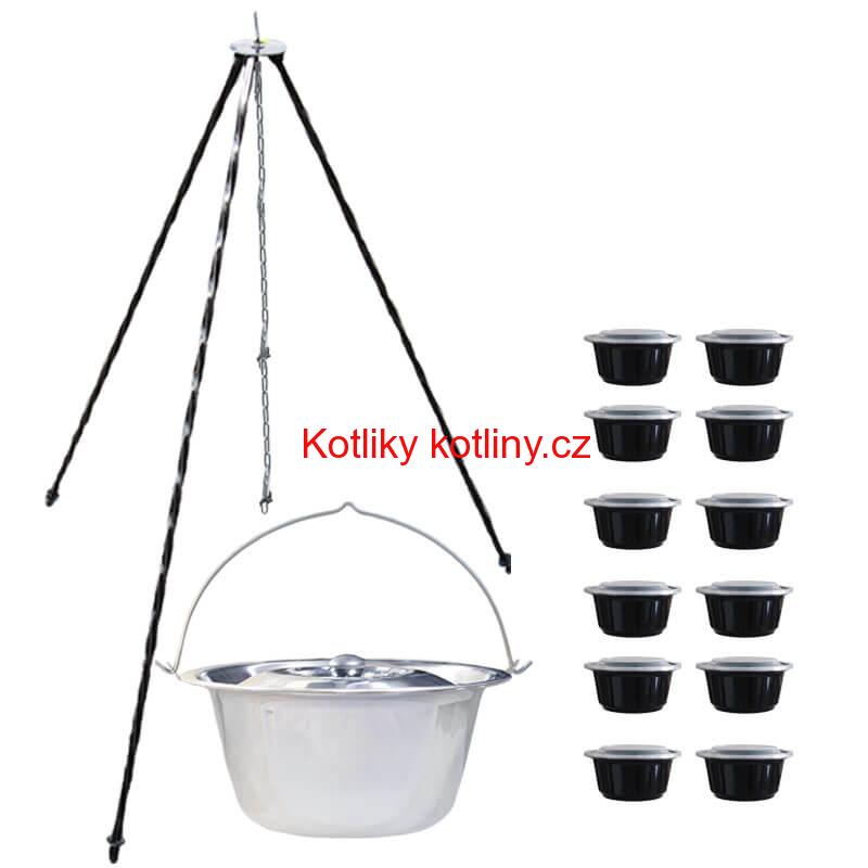 Nerezový kotlík 14 L (0,8 mm) INOX + poklice + trojnožka 1,20 m + misky 12 ks