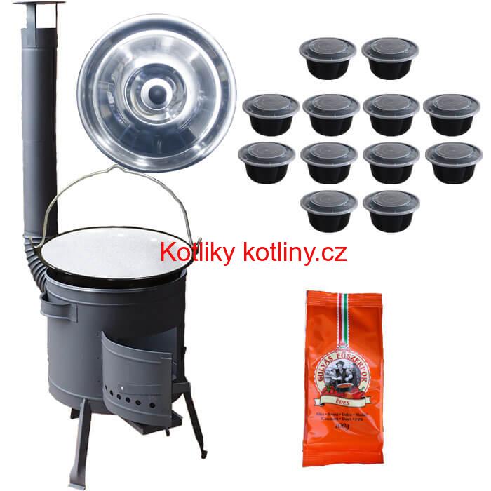 Smaltovaný kotlík 20 L (1,2 mm) + poklice + misky 12 ks + nízká žáruvzdorná kotlina (0,8 mm) 42 PLUS 600