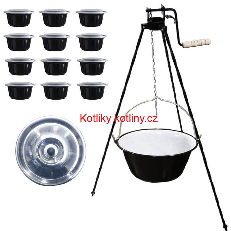 Smaltovaný kotlík 16 L + stojan s kladkou VAR + misky 12 ks