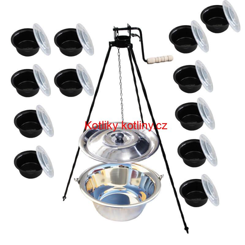 Nerezový kotlík 20 L (0,8 mm) INOX + stojan s kladkou VAR + misky 12 ks