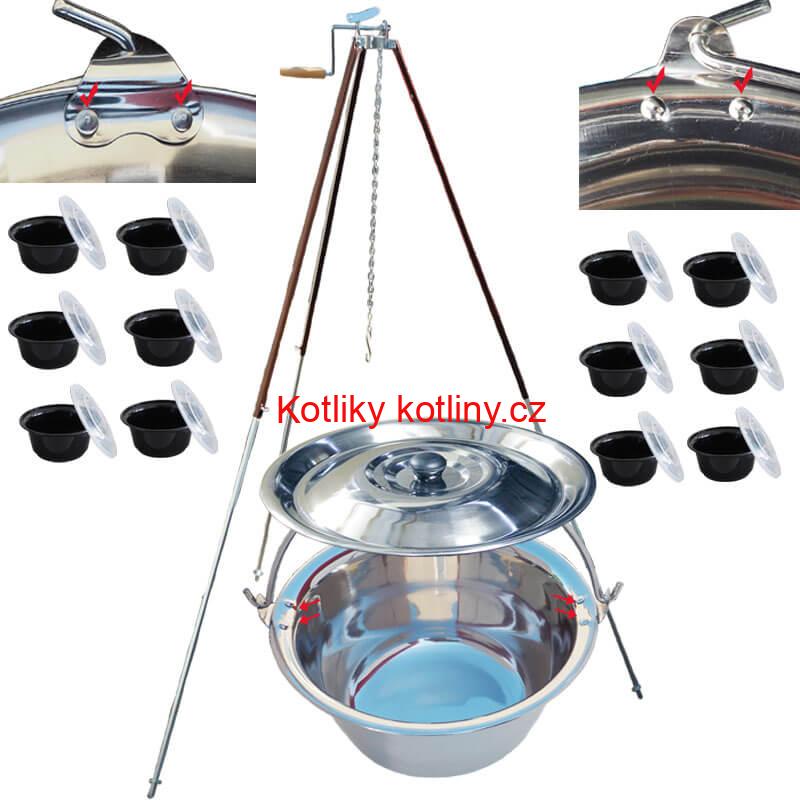 Nerezový kotlík 30 L (0,8 mm) s nýty + teleskopická trojnožka s pojistnou kladkou + misky 12 ks