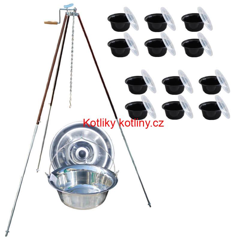 Nerezový kotlík 30 L (1,2 mm) + teleskopická trojnožka s pojistnou kladkou + misky 12 ks