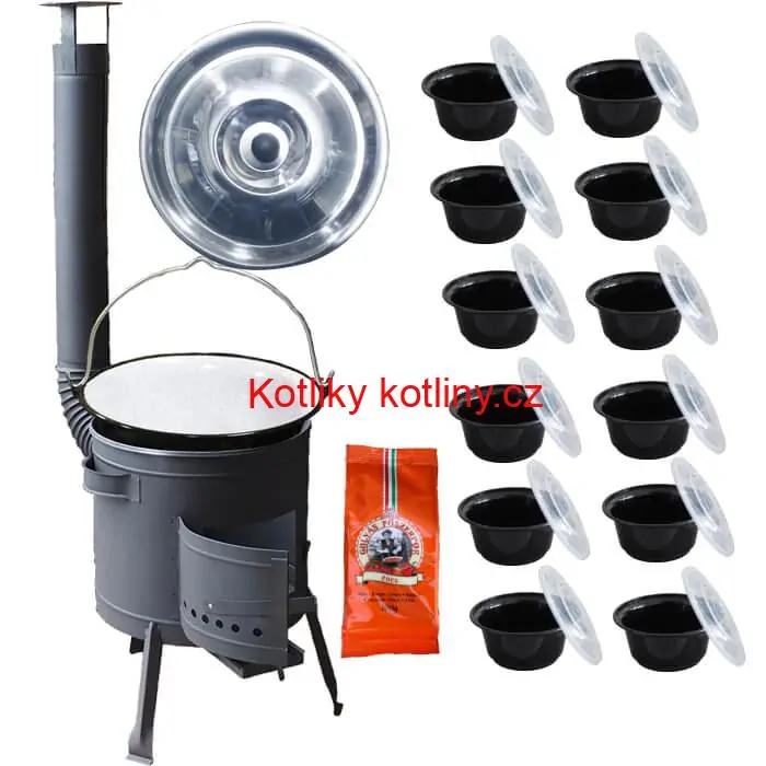 Smaltovaný kotlík 25 L (1,2 mm) + silnostěnná (1,5 mm) žáruvzdorná kotlina BALKY STRONG 42 PLUS 600 + misky 12 ks + paprikové koření na guláš 100 g