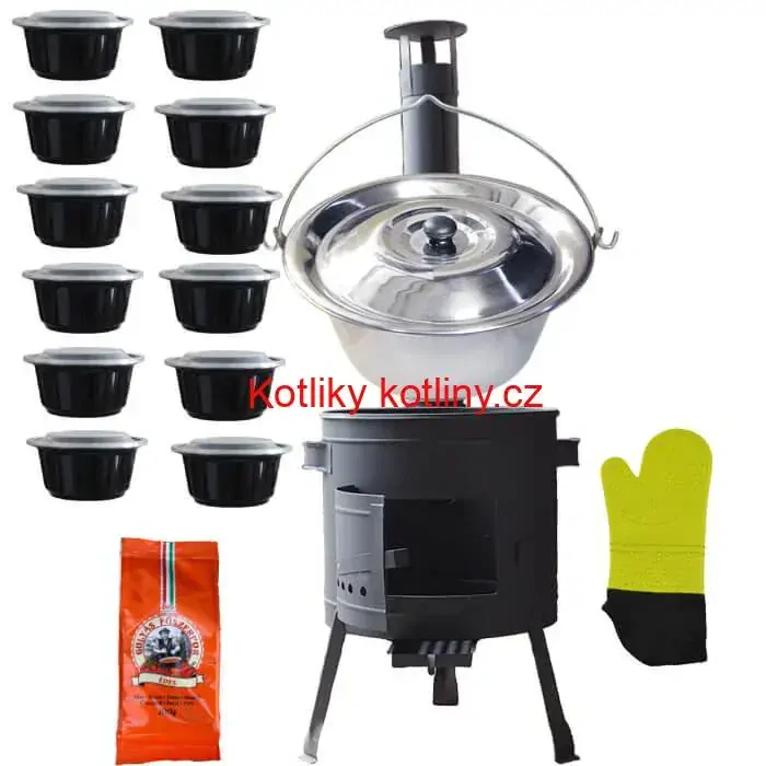 Nerezový kotlík 22 L (0,8 mm) + misky 12 ks + nízká žáruvzdorná kotlina (1,5 mm) 42 PLUS 600