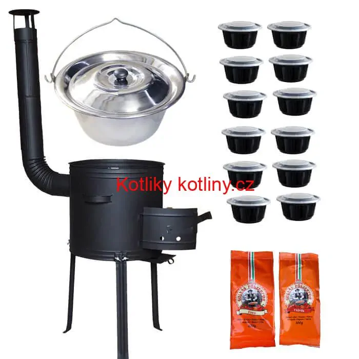 Nerezový kotlík 22 L (0,8 mm) INOX + žáruvzdorná kotlina 42 cm Plus 700 + misky 12 ks + 2 x pepř na guláš 100 g