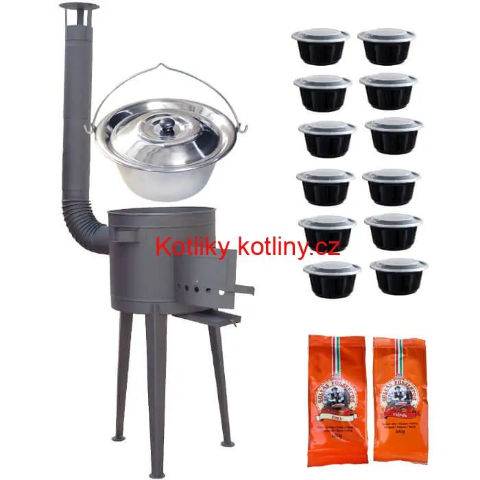 Nerezový kotlík 22 L (0,8 mm) INOX + vysoká žáruvzdorná kotlina 42 cm PLUS 600 + misky 12 ks + 2 x pepř na guláš 100 g