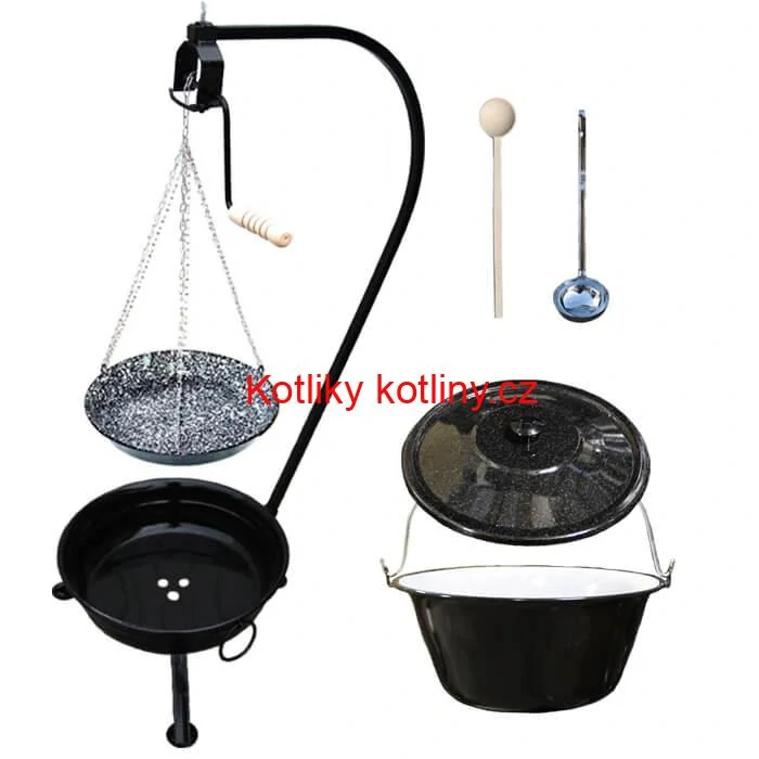 Smaltovaný kotlík 30 L (1,2 mm) + smaltovaná pánev + přenosné ohniště