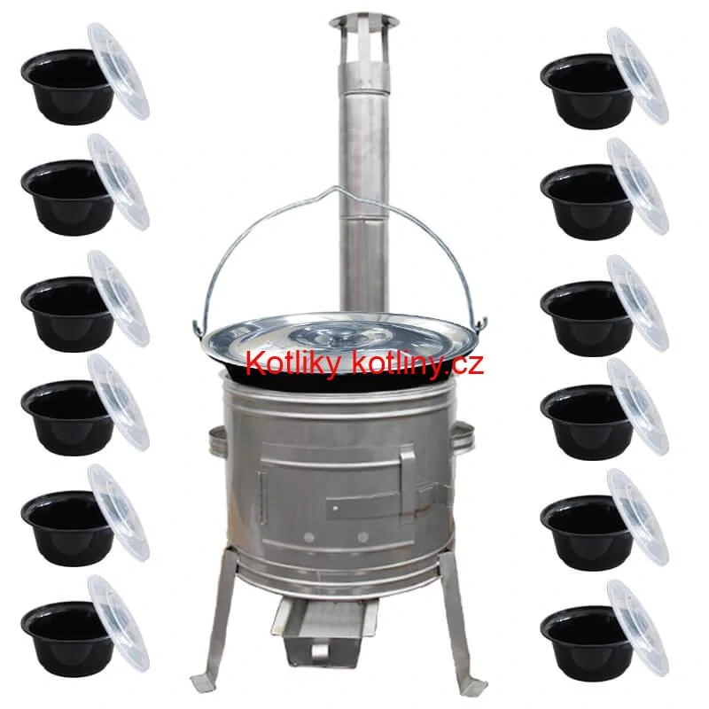 Smaltovaný kotlík 22 L + Nerezová kotlina 42 INOX + misky 12 ks